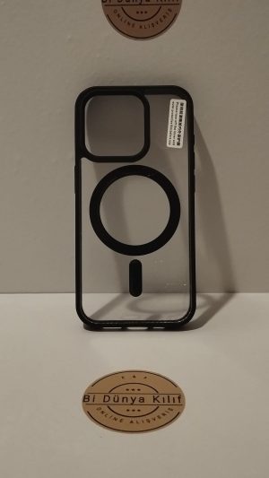 IPHONE 15 PRO ŞEFFAF SİYAH ÇERÇEVELİ MAGSAFELİ TELEFON KILIFI