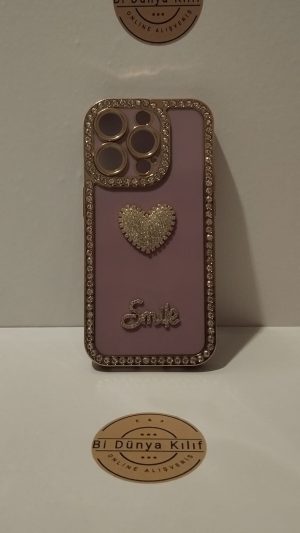 IPHONE 15 PRO LİLA KALP DESENLİ TELEFON KILIFI