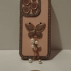 IPHONE 15 PRO PEMBE KELEBEK DESENLİ TELEFON KILIFI