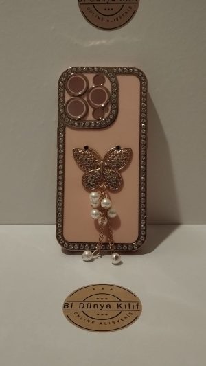 IPHONE 15 PRO PEMBE KELEBEK DESENLİ TELEFON KILIFI