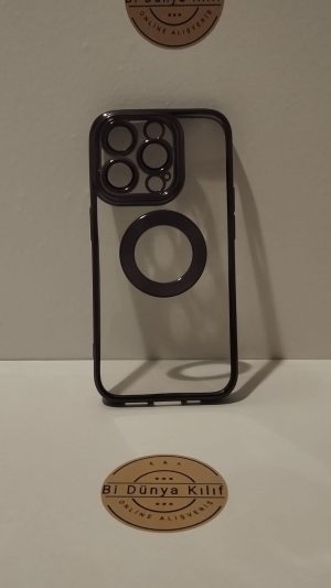 IPHONE 15 PRO ŞEFFAF SİYAH ÇERÇEVELİ MAGSAFELİ LENS KORUYUCULU TELEFON KILIFI