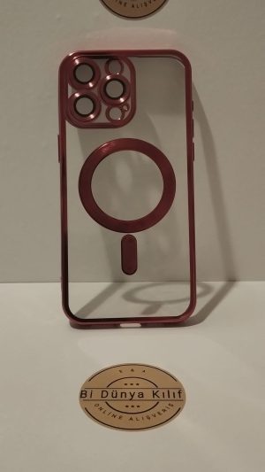 IPHONE 15 PROMAX ŞEFFAF KIRMIZI MAGSAFELİ LENS KORUYUCULU TELEFON KILIFI