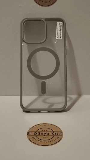 IPHONE 15 PROMAX GRİ ÇERÇEVELİ MAGSAFELİ TELEFON KILIFI