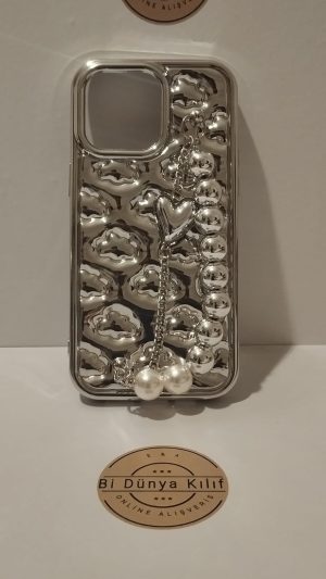 IPHONE 15 PROMAX SİLVER TAŞLI ZİNCİRLİ TELEFON KILIFI